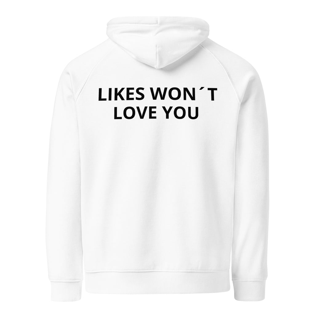 Quiet Hoodie, weißer Bio-Raglan-Hoodie, Rückansicht mit eingesticktem Signal-Dot