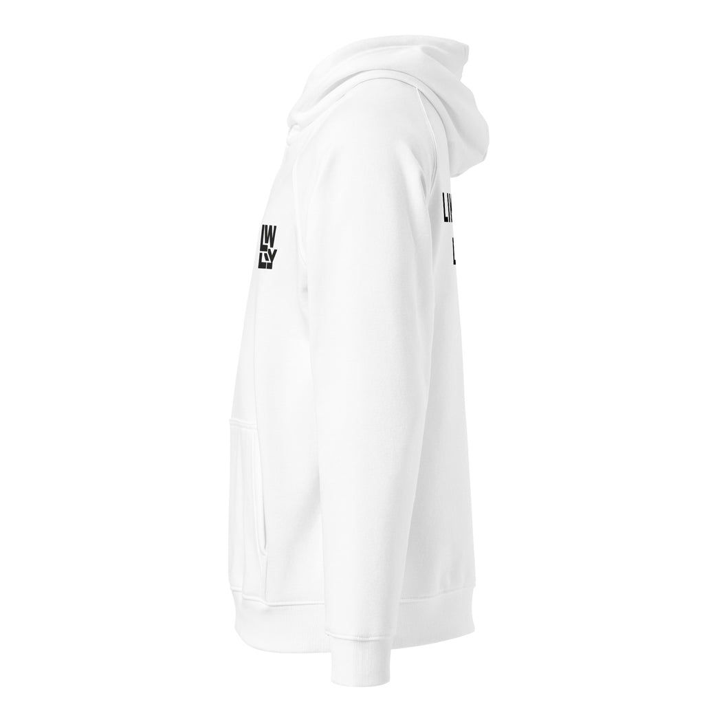 Quiet Hoodie, weißer Bio-Raglan-Hoodie, Seitenansicht links